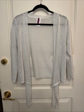Aqua Silver Metallic Open-Front Draped Cardigan
